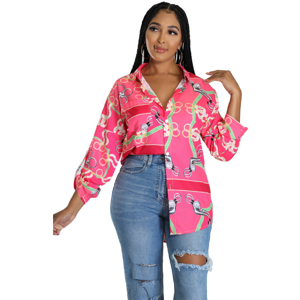 Outside Summer Collared Long Sleeve Printed Shirt Women Clothing