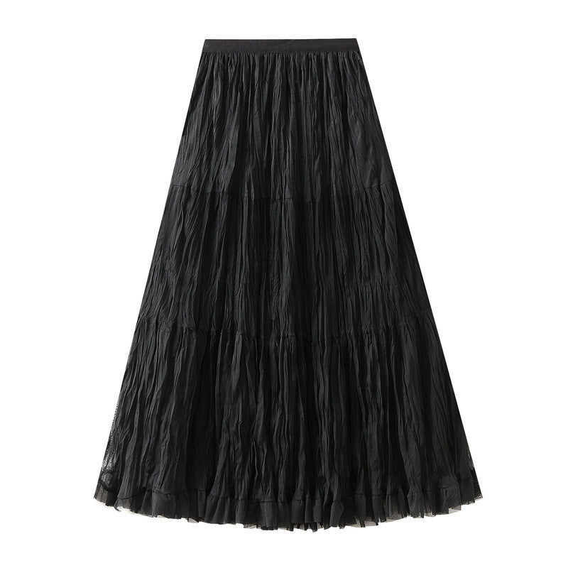 French Mid Length Pleated Mesh Skirt Autumn A line High Waist Fairy Large Swing Skirt for Women
