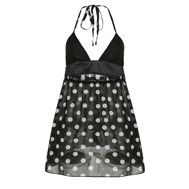Summer Waist Tight Strap Top Polka Dot Print Halter Lace up Deep V Plunge neck Sexy Vest