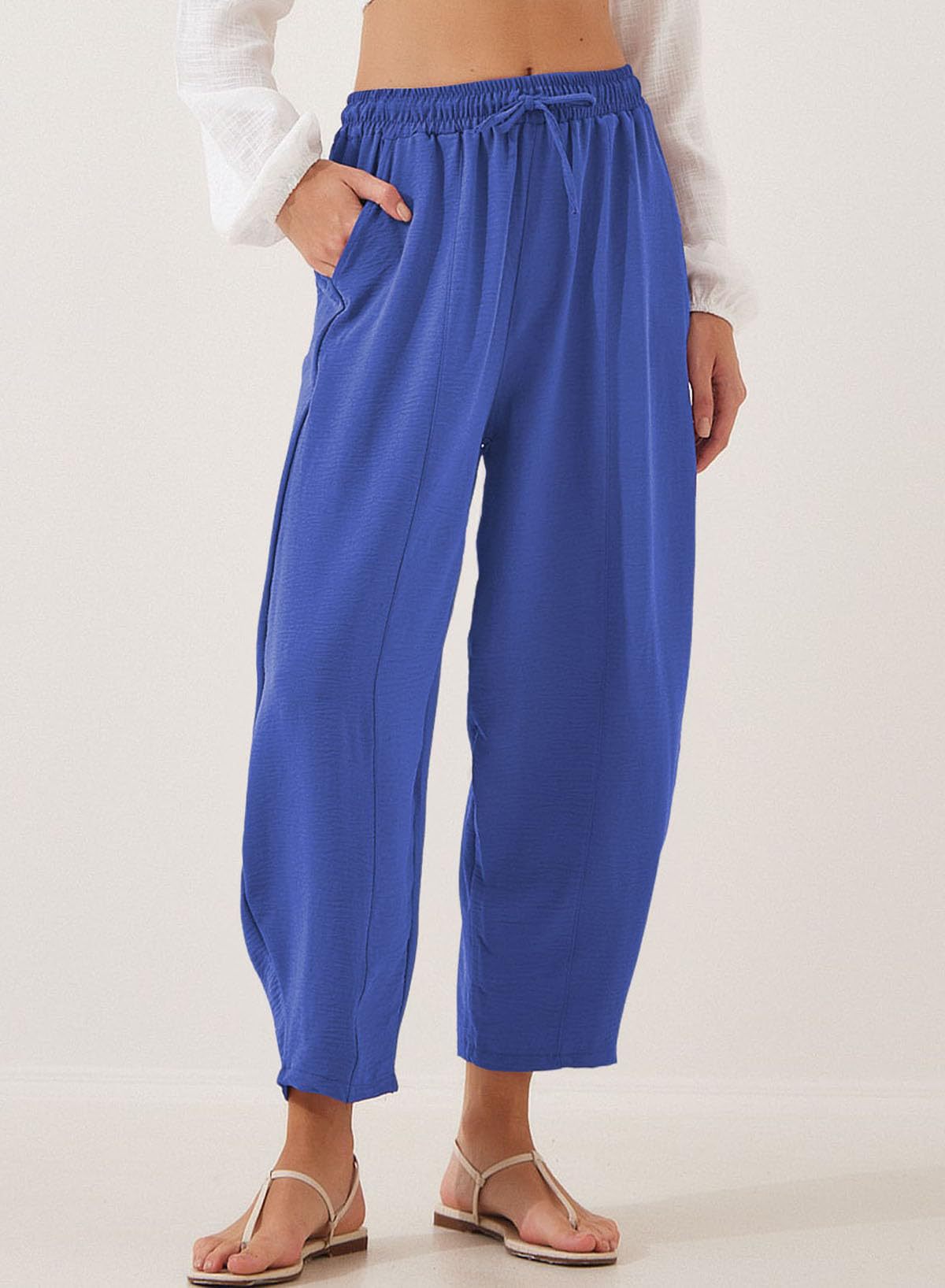 Women Clothing Spring Summer High Waist Loose Vacation Casual Drawstring Pocket Cropped Pants