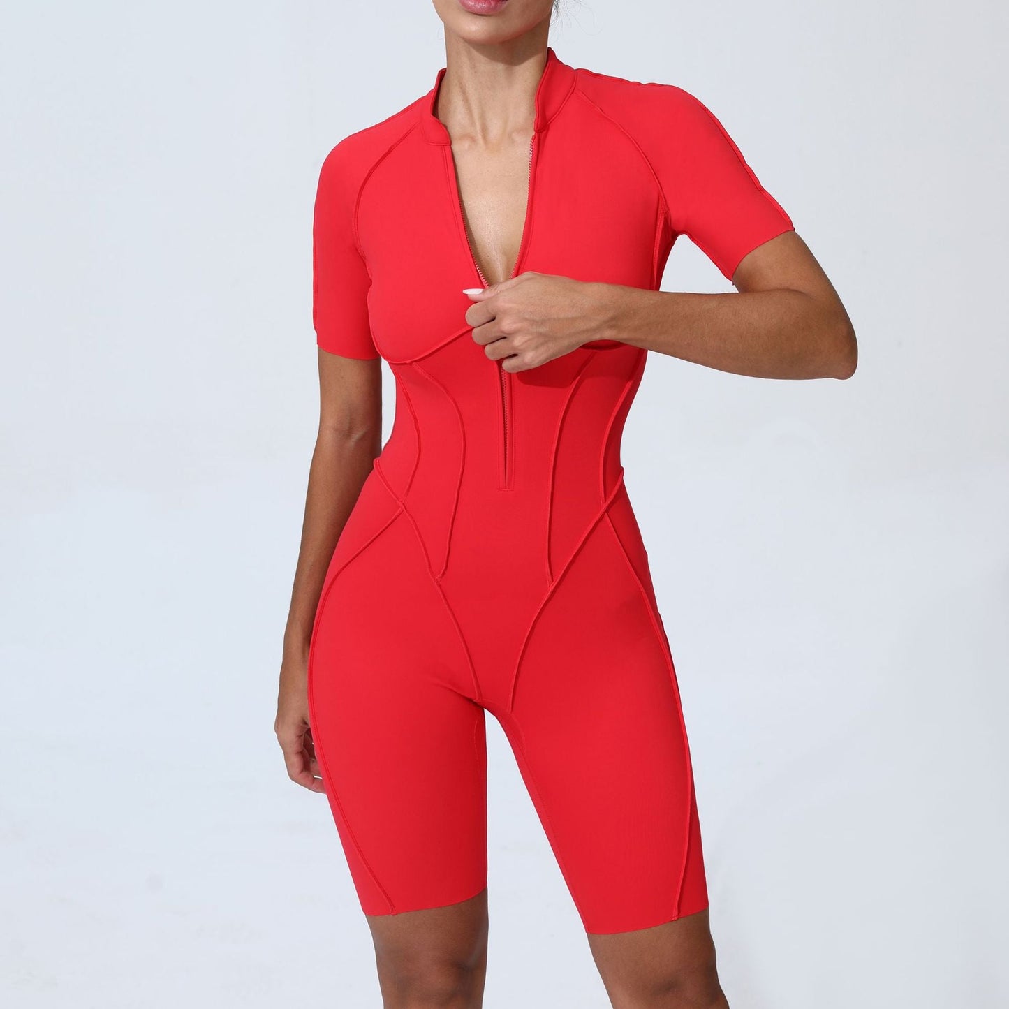 No Chest Pad Fitness Tight Sports One Piece Set Zipper Short Sleeve Yoga Jumpsuit