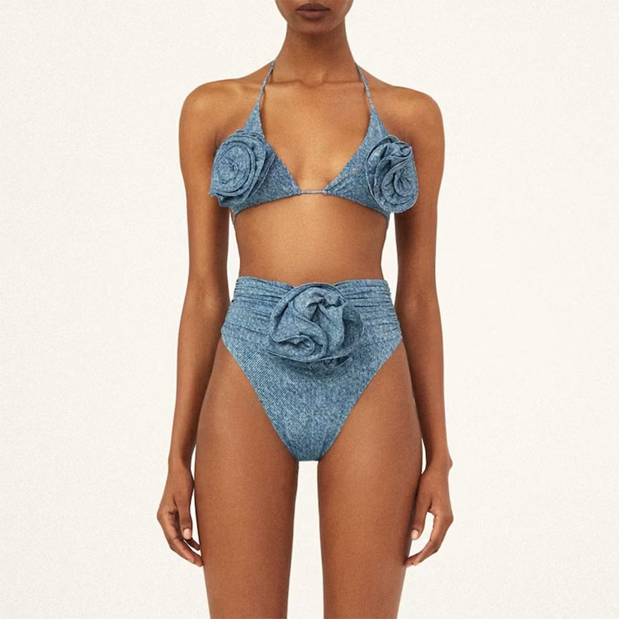 Popular Floral Decoration One Shoulder Hollow Out Cutout Soft Denim One Piece Swimsuit Women