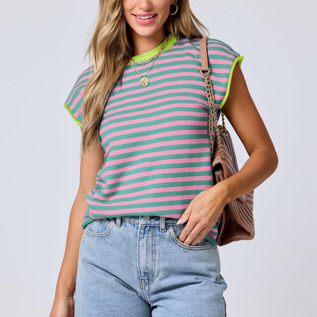 Women Clothing Summer round Neck Knitted Top Casual Striped Contrast Color Sweater