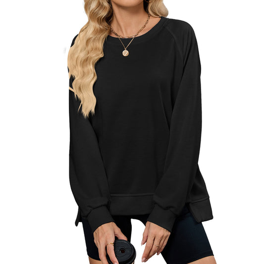 Autumn Winter Solid Color Thread round Neck Long Sleeve Loose Sweatshirt Women Top