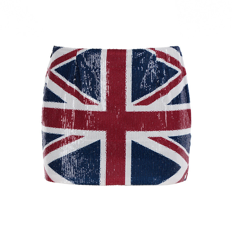 Personality Street Sexy Women Clothing Flag Sequin Stitching Contrast Color Hip Sexy Skirt Summer