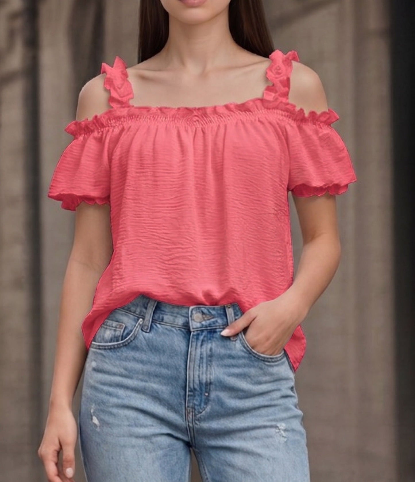 All Match Solid Color V neck Ruffled off the Shoulder Casual Sling Top