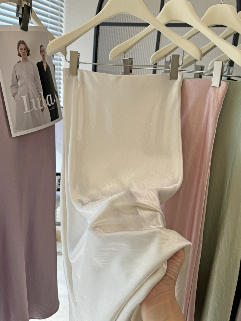 Acetate Satin Fishtail Skirt Women Simple Graceful Drooping Slimming Sheath A line Mid Length Skirt