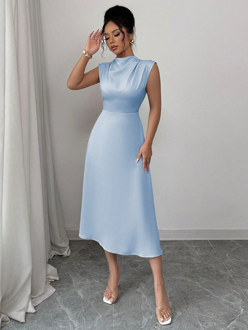Women Clothing Summer Satin Women Pleated Satin Mid Length A line Dress