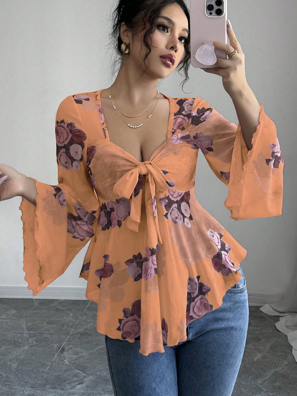 French Sweet Floral Blooming Lace up Square Collar Long Sleeve Shirt
