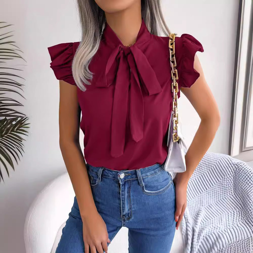 Summer Women Solid Color Stringy Selvedge Lace up Bow Shirt Top