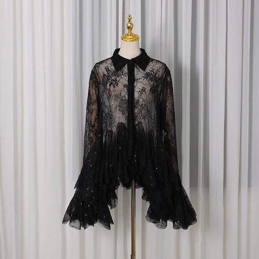 French Sexy Short Dress Spring Polo Collar Single Breasted Waist Controlled Slimming Long Sleeve Lace Stitching Dress