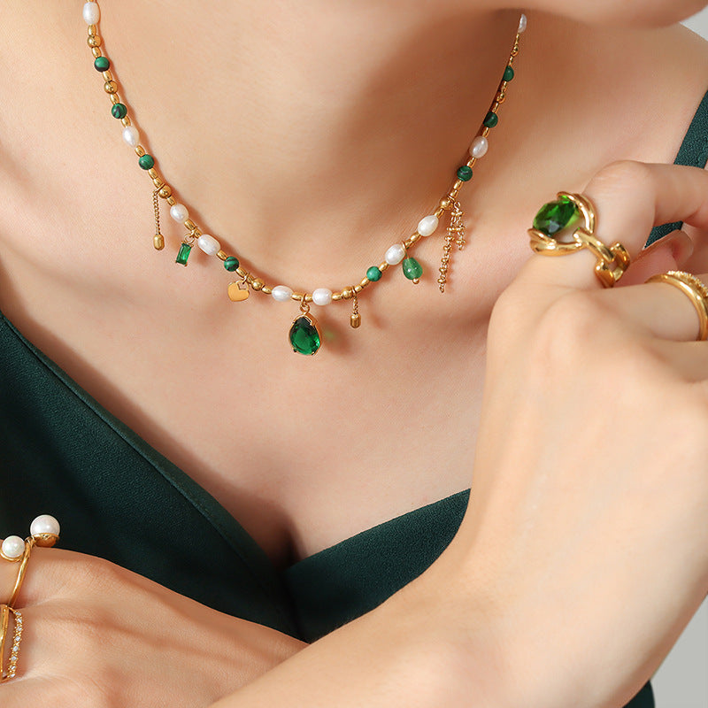 Court Non Fading Design Elegant Graceful Personality Freshwater Pearl Zircon Jade Turquoise Embellished Necklace