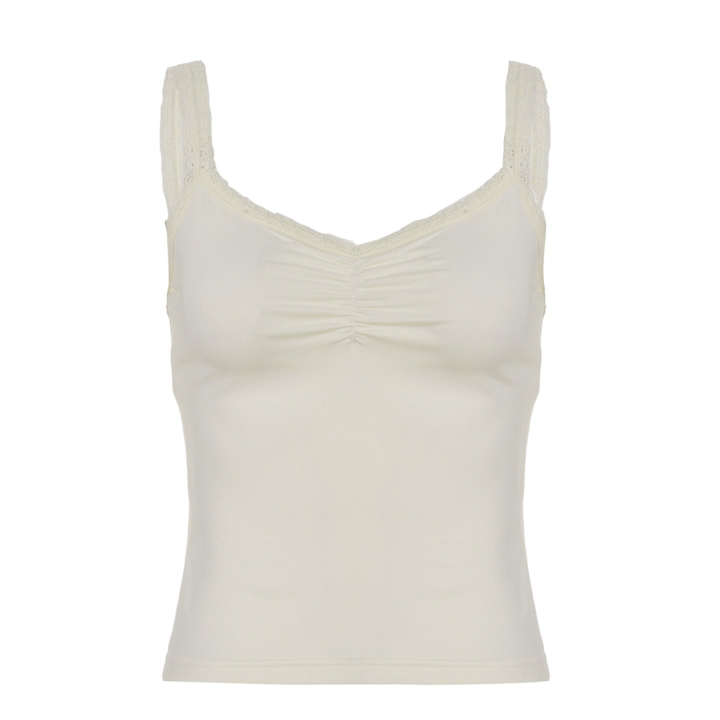 Solid Color Basic Small Sling Lace Stitching Pleated Spaghetti Strap Tank Top Sexy Outer Wear Sexy Short Top