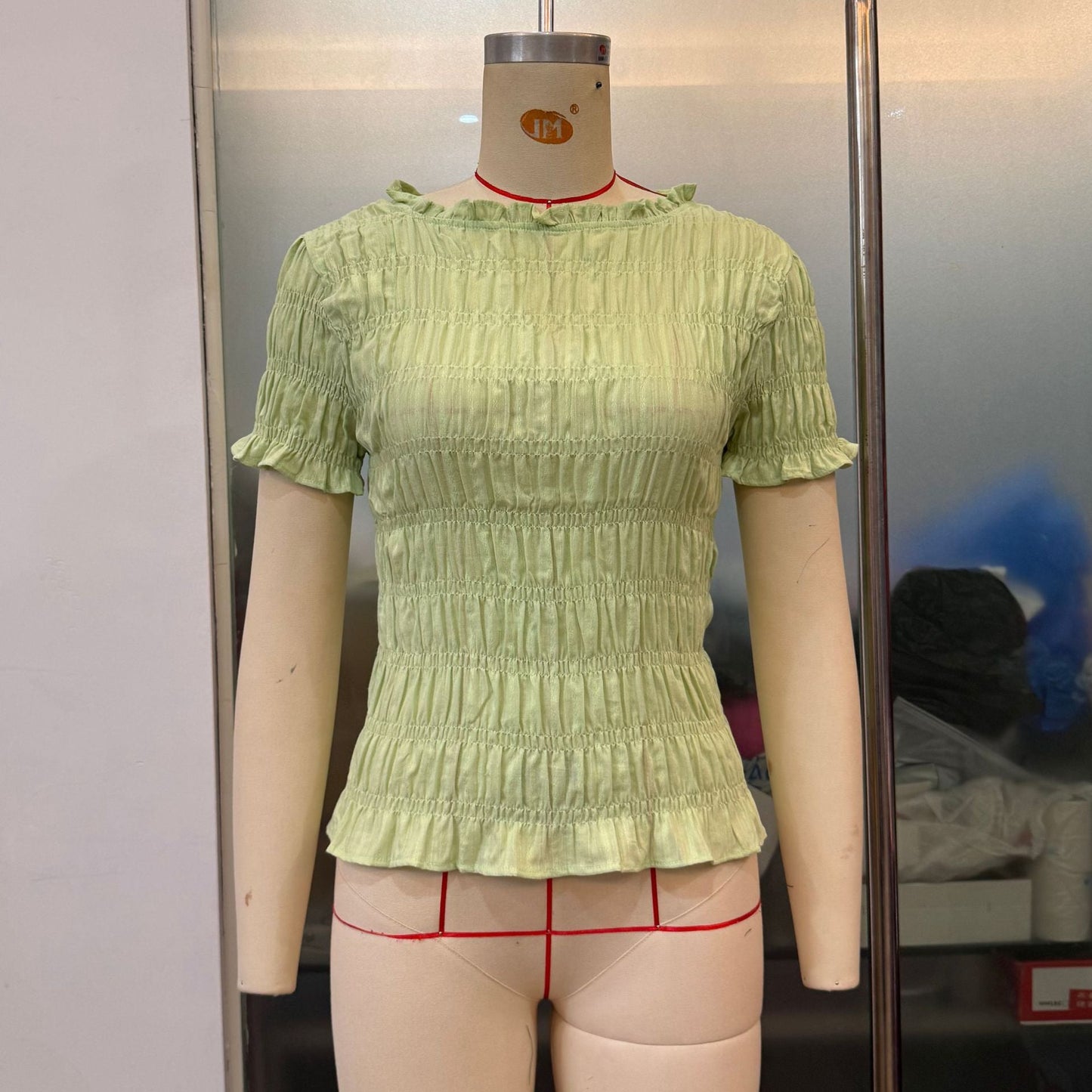 Women Clothes Solid Color Grid Casual All Matching Slim Fit Fitted Waist Pleated Cropped Short Sleeved Top
