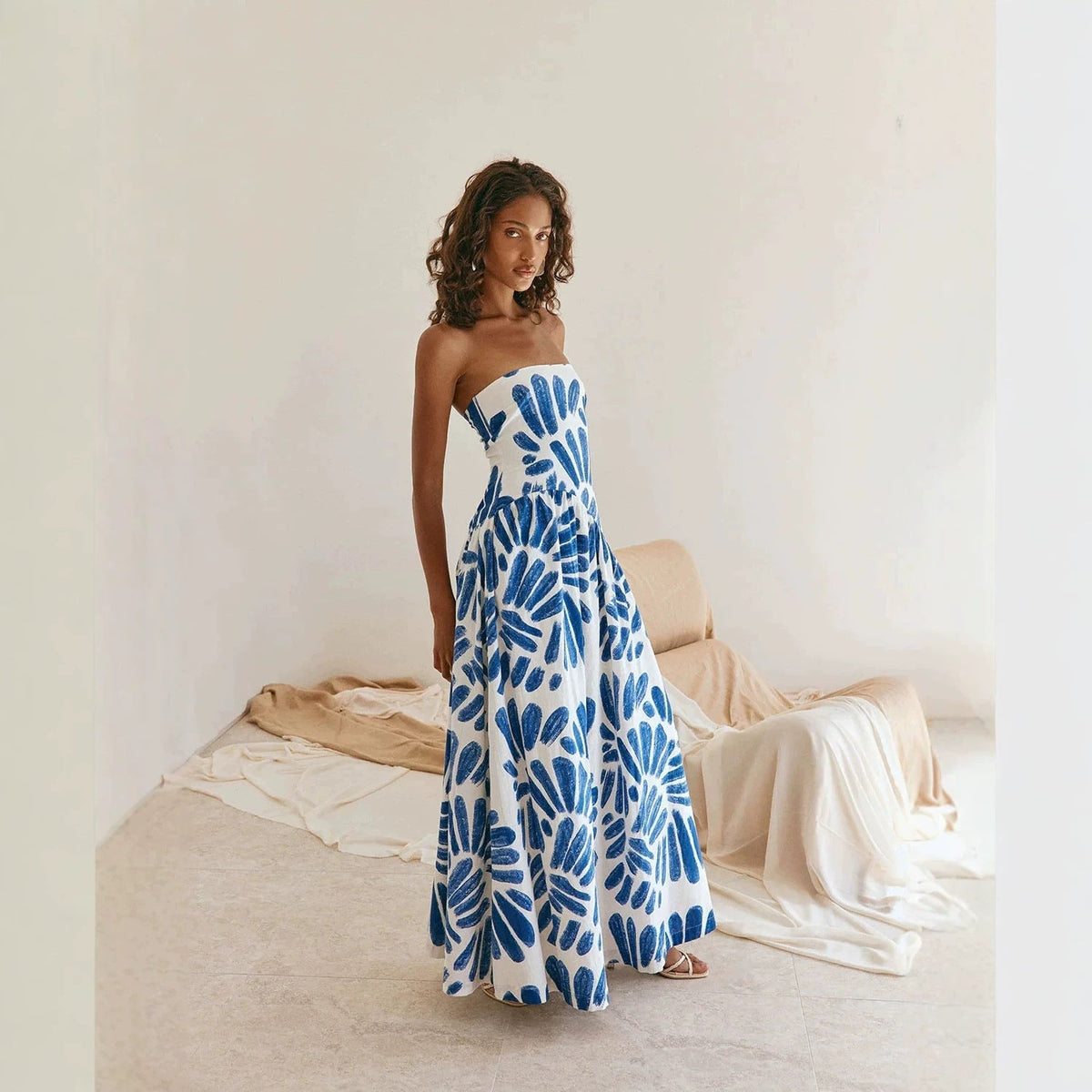 Women Dress Printed Vacation French Wrapped Chest Slim Sexy Maxi Dress