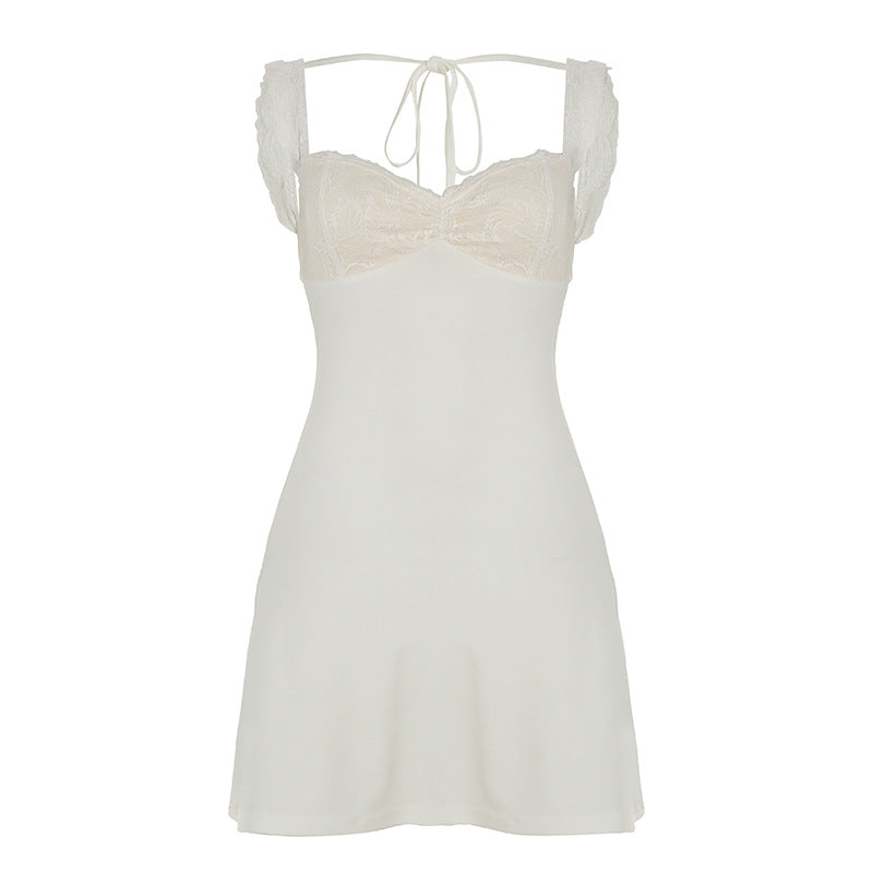 Women Clothing Summer Lace Stitching Chest Backless Lace up Sexy Holiday A line Dress