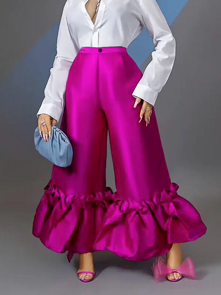 High Waist Loose Design Ruffles Wide Leg Bell Bottoms High Waist Flare Pants