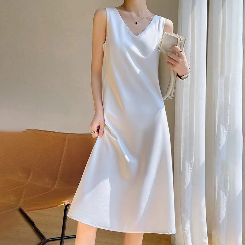 Sleeveless Dress Women Satin Long below the Knee Summer Inner Wear plus Size Solid Color Halter Dress