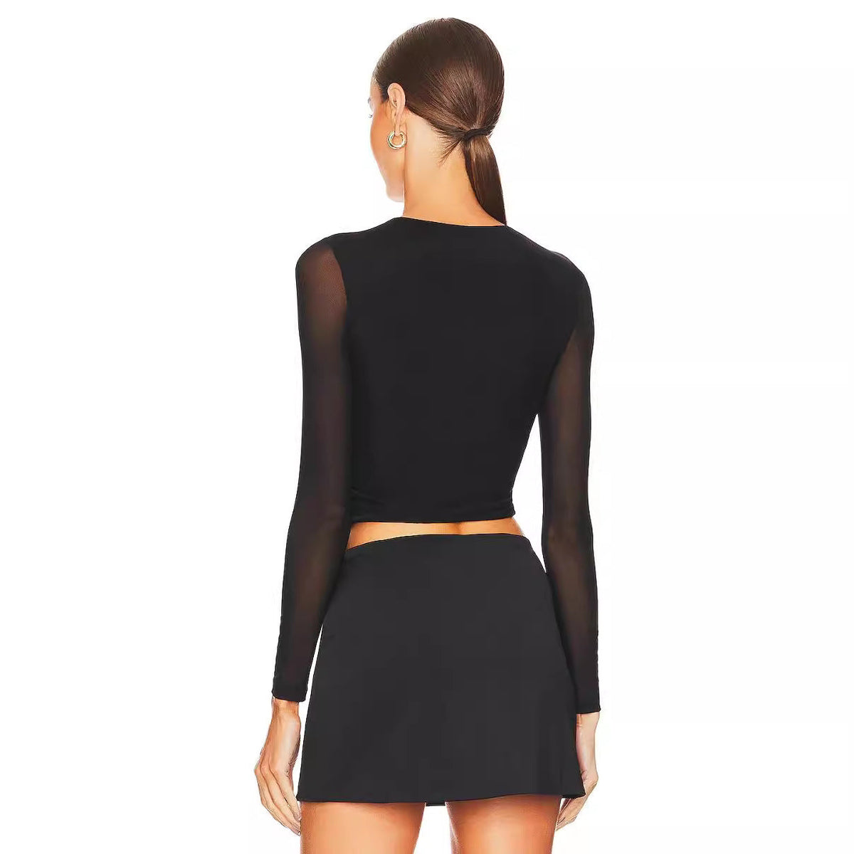 Black Long Sleeve Mesh Design Blouse Women Autumn Slim Fit Cardigan Buckle T shirt