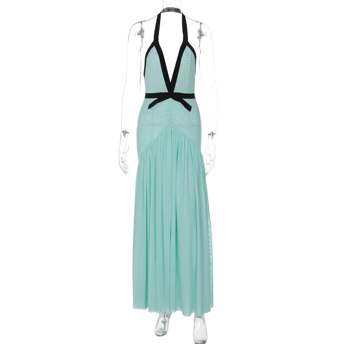 Sexy Deep V Plunge Corset Hollow Out Cutout Backless Elegant Halter Mesh Contrasting Color Dress