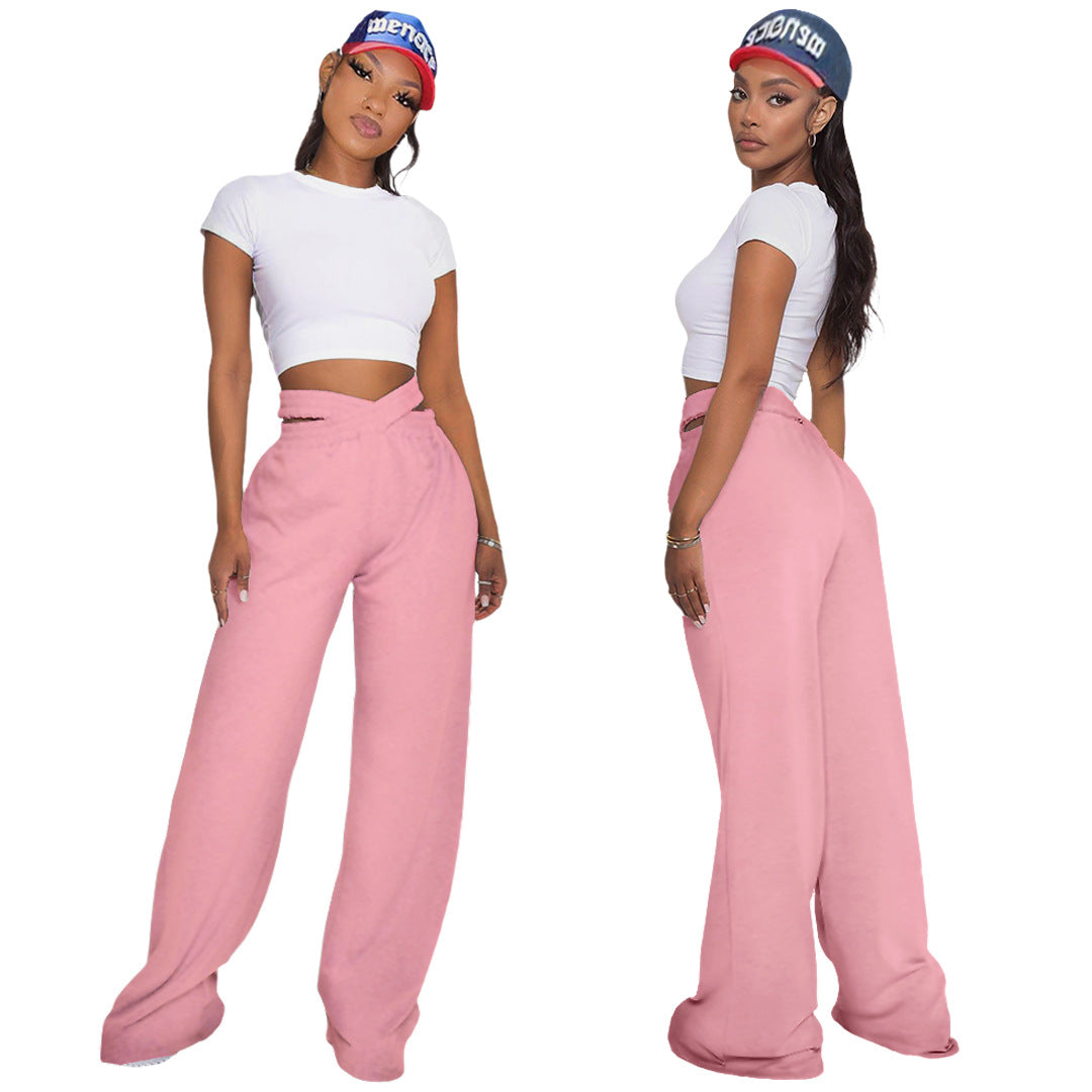 Women Clothing Nightclub Uniforms Solid Color Double-Layer Waistband Sports Casual Wide-Leg Pants
