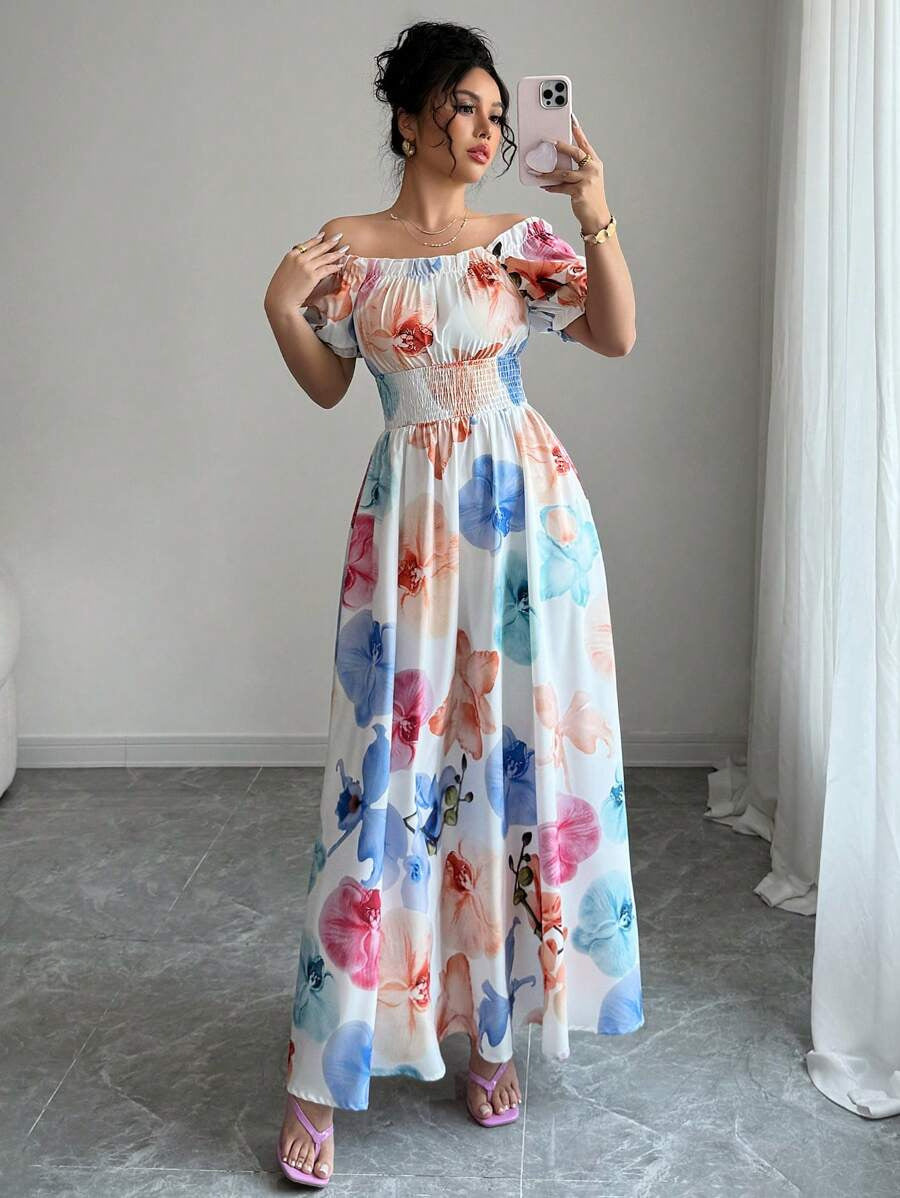 Summer Bubble Sleeve High Waist Tight Waist Women Printed Wear Large Swing Sling Dress