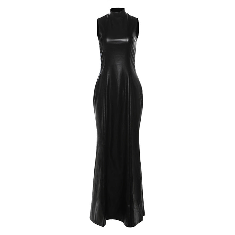 Women Clothing Autumn Winter Personality Turtleneck Slim Sleeveless Solid Color Faux Leather Dress Women