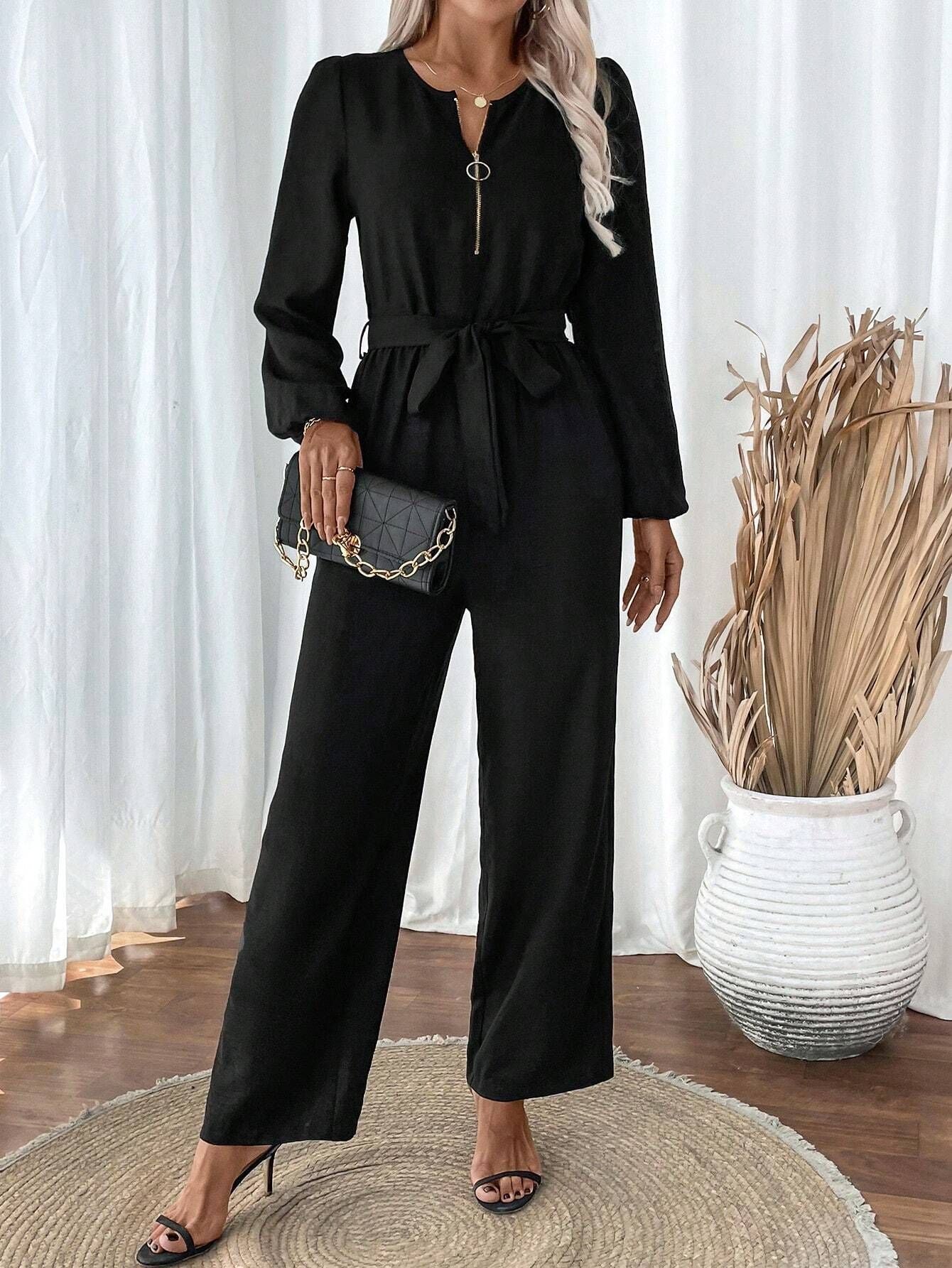 Women Clothing Casual Long Sleeved Jumpsuit Belt Straight Leg Pants Zipped round Neck Jumpsuit