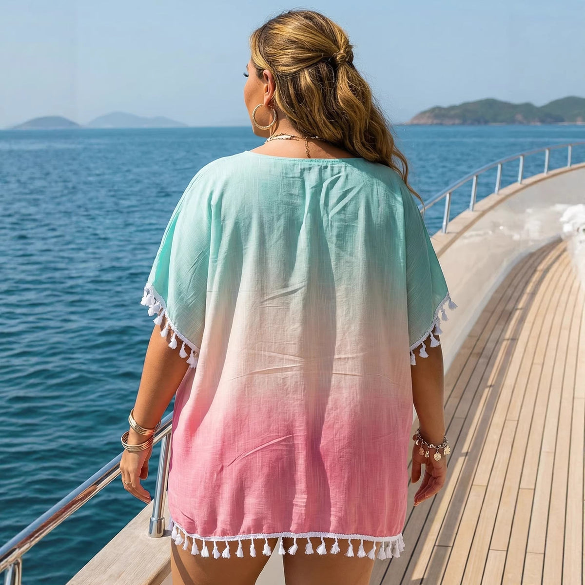 Women Clothes Women Casual Loose Gradient Printing Tassel Stitching T shirt Beach Cover up