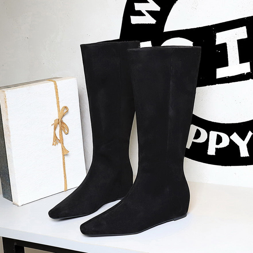 Women Over The Knee Boots Simple All-Match Middle Heel Wedge Height Increasing ole Suede High Leg Boot