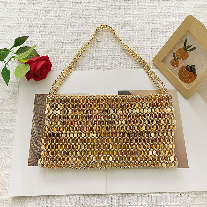 Shiny Flat Melon Seeds Beads Woven Bag Large Capacity Portable Underarm Flip Women Bag Handmade Casual Square