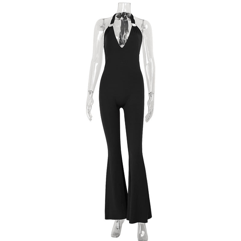 Elegant Sexy Women Deep V Plunge Halter Waist Slimming Bell Bottom Pants One Piece Jumpsuit