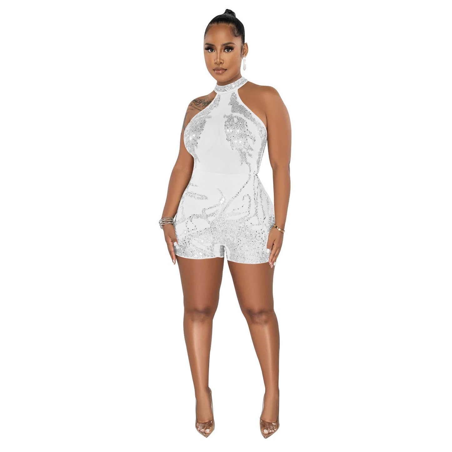 Summer Women Clothing Sexy Tight Mesh See through Rhinestone Jumpsuit for Women