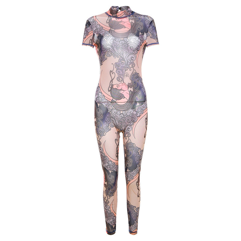 Summer Women Clothing Sexy See through Mesh Floral Print Hollow Out Cutout Backless Tight Casual Jumpsuit