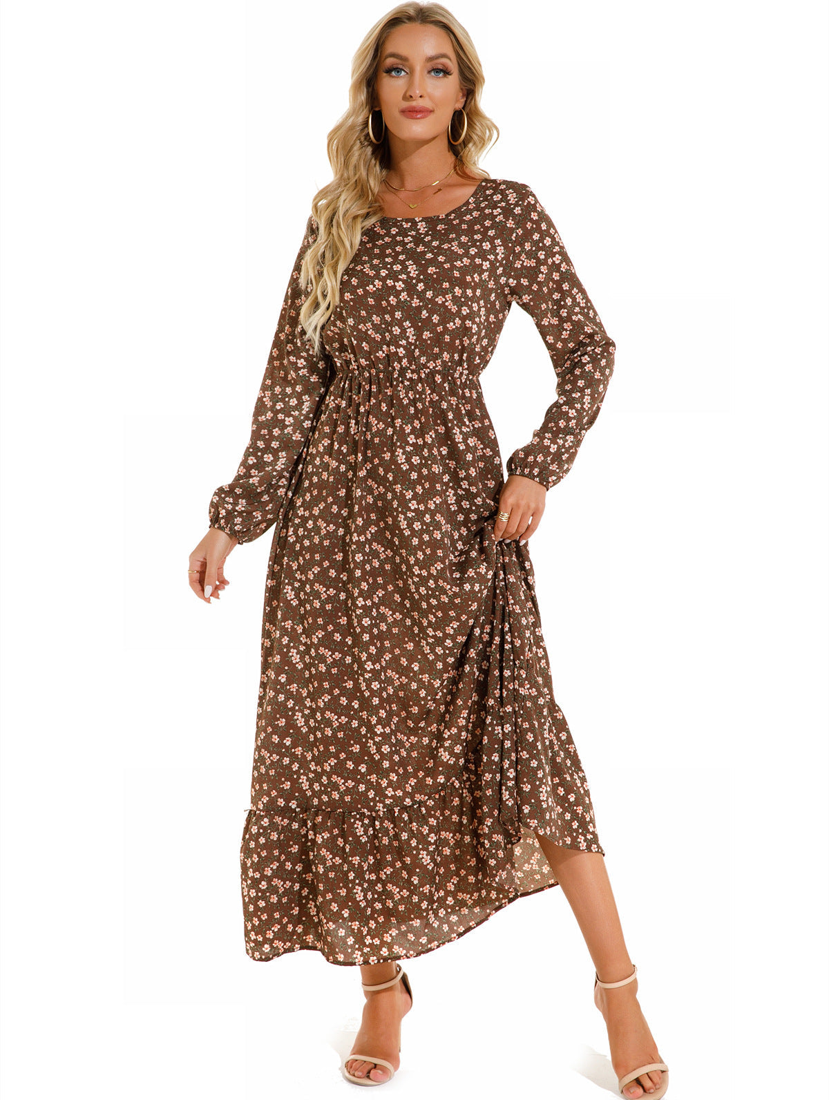 Spring and Autumn floral chiffon dress waist thin long sleeve round neck long printed skirt children