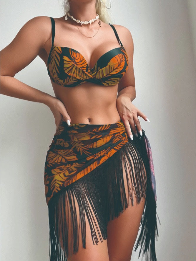 Three Piece Set Sexy Swimsuit Sexy Push up Printed Tassel Dress Swimsuit