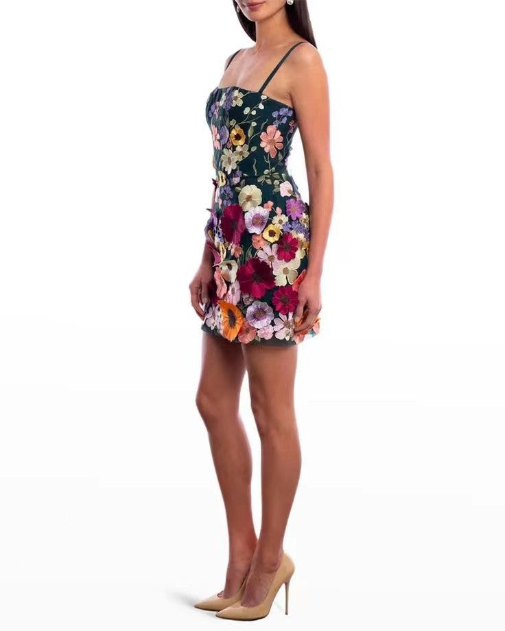 Spring Summer Gorgeous Three Dimensional Floral Embroidered Strap Short Dress Dinner Suit