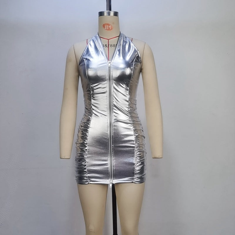 Women Summer Solid Color Pleated Sexy Halter Zipper Slim Fit Sheath Dress Women