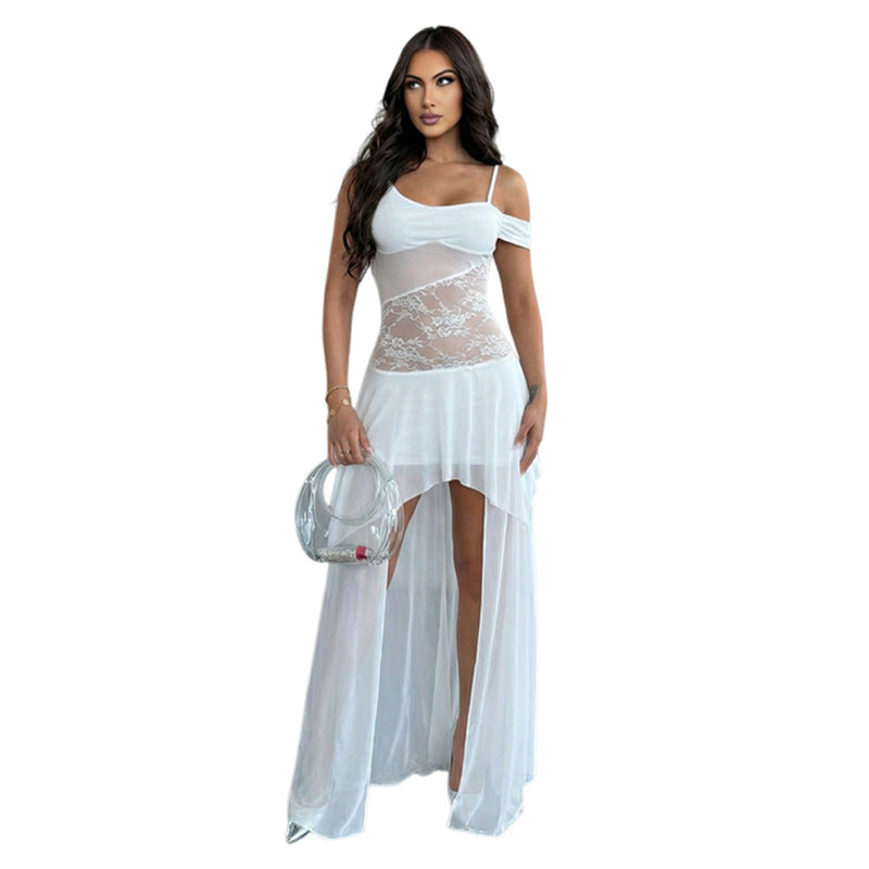 Spring Women Clothing Solid Color Sexy Irregular Asymmetric Low Collar Waist Slim Fit Tied Dress Women