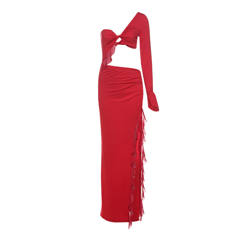 Women Clothing Autumn Winter Sexy Solid Color Hollow Out Cutout Single Sleeve Side Split Dress Women