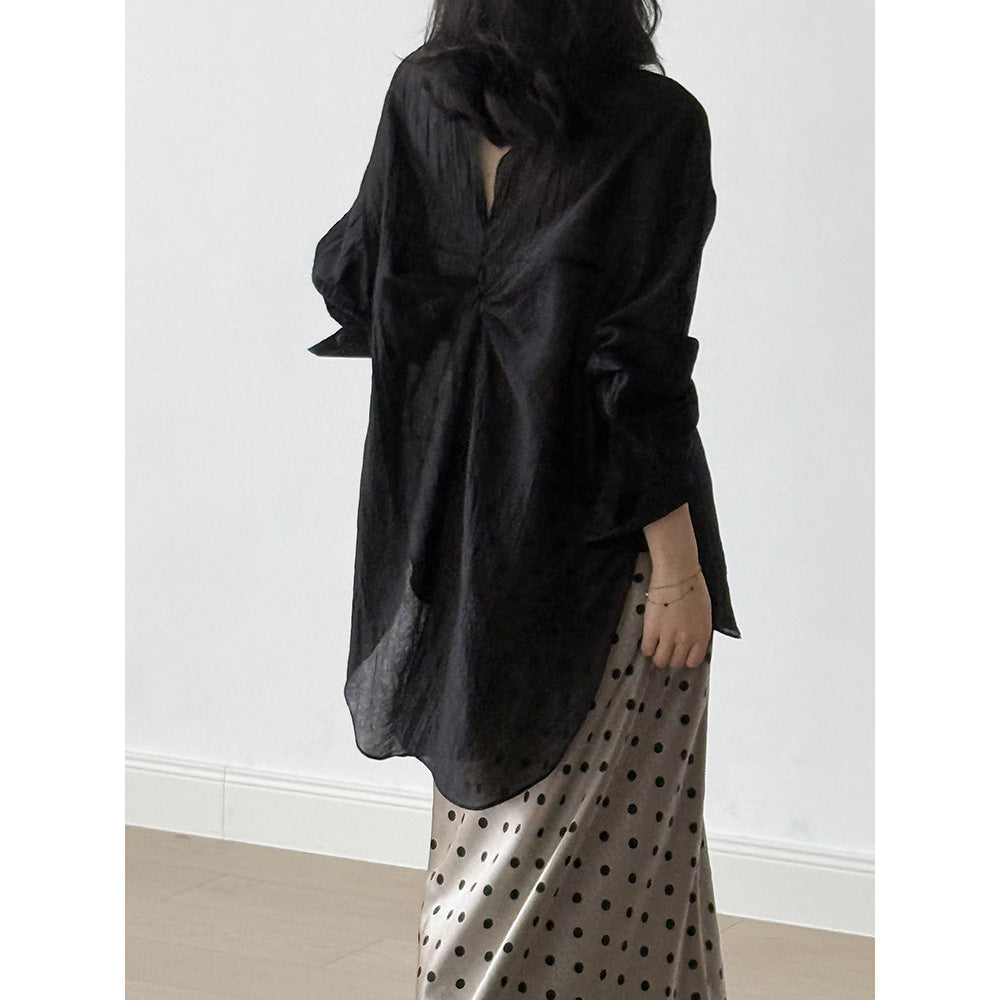 Acetate Shirt Women Back Hollow Out Cutout out Twisted Shirt Summer Thin Loose Long Sleeve Sun Protective Top