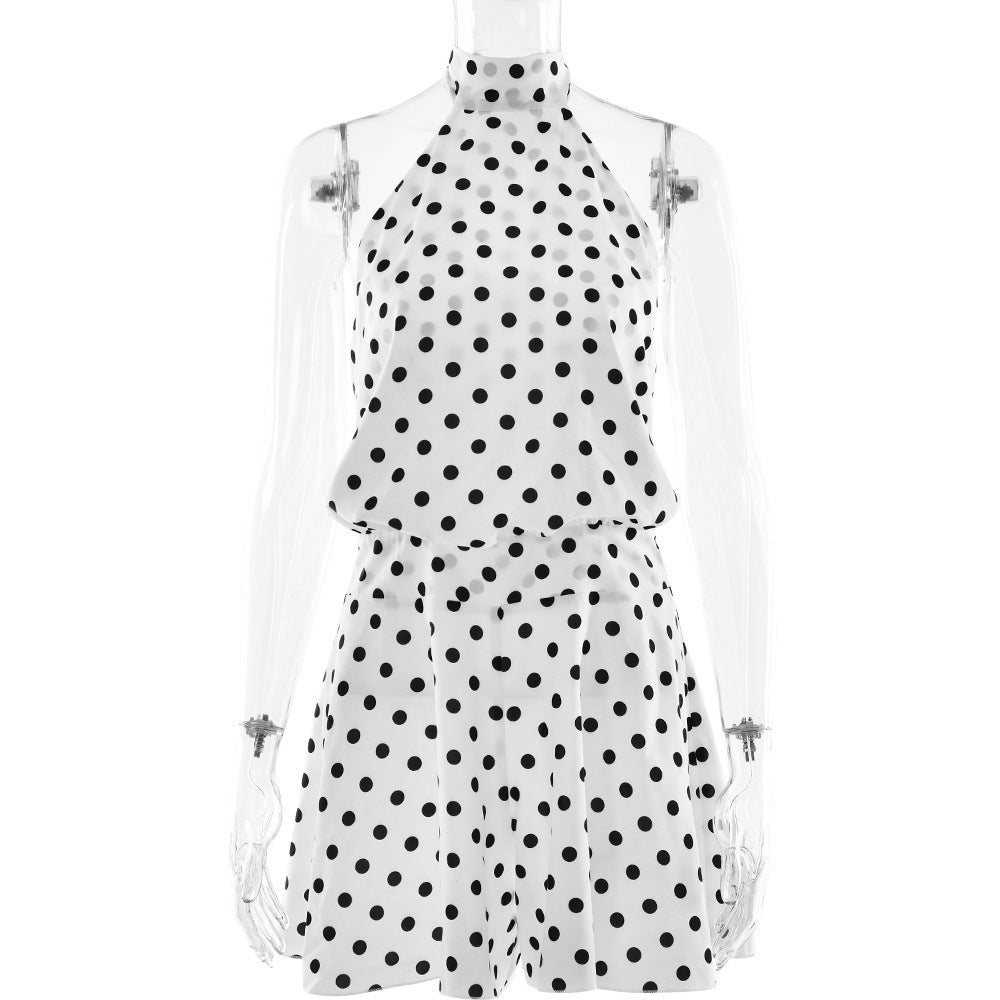 Sexy Polka Dot Halter Hip Dress French Backless Lace up Waist Tight Dress