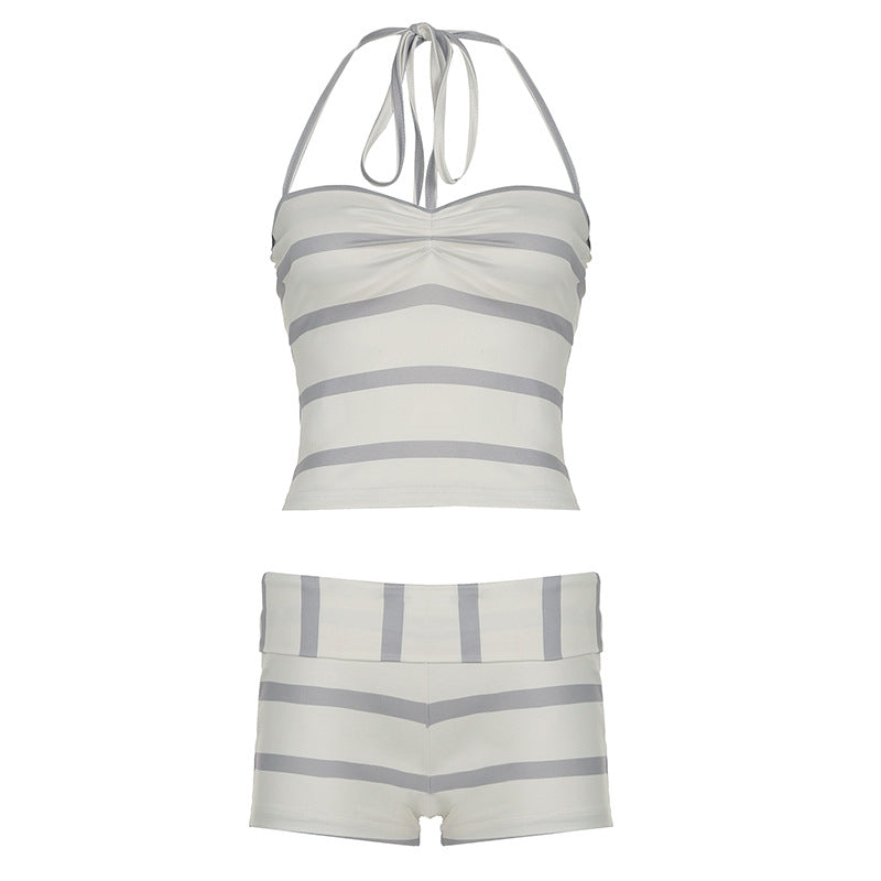Casual Vacation Printed Striped Contrast Color Halter Lace up Vest Waist Shorts Two Piece Sets