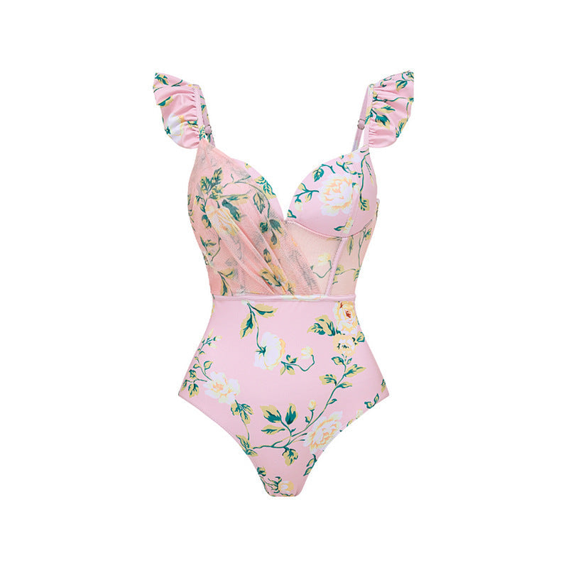 Floral Decorative Mesh Split Swimsuit Women High Waist Bikini Umbrella Skirt