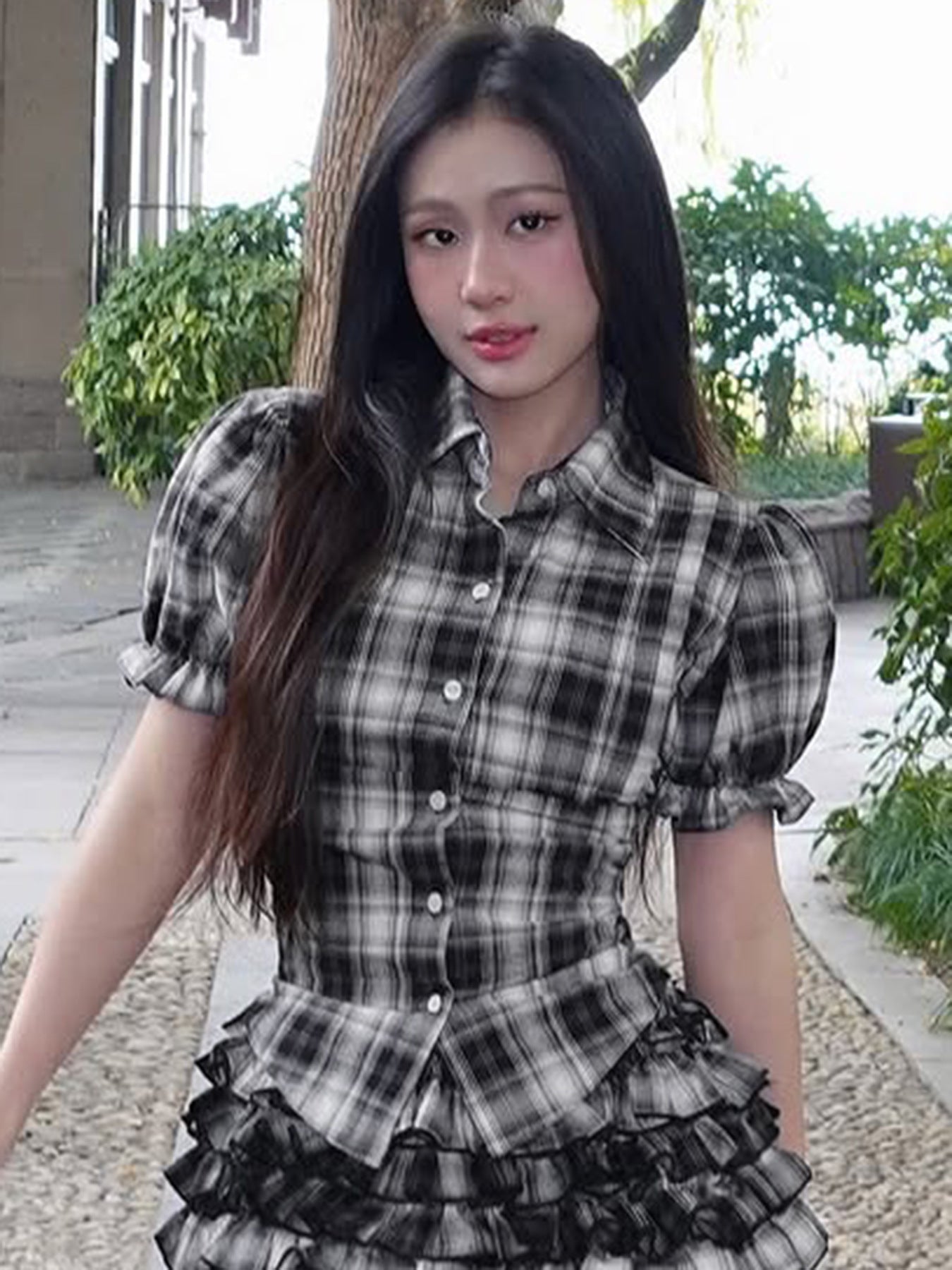 Korean Sweet Girl Preppy Plaid Puff Sleeve Shirt Irregular Asymmetric Hem Waist Slimming Single Breasted Cardigan Top Skirt Sets