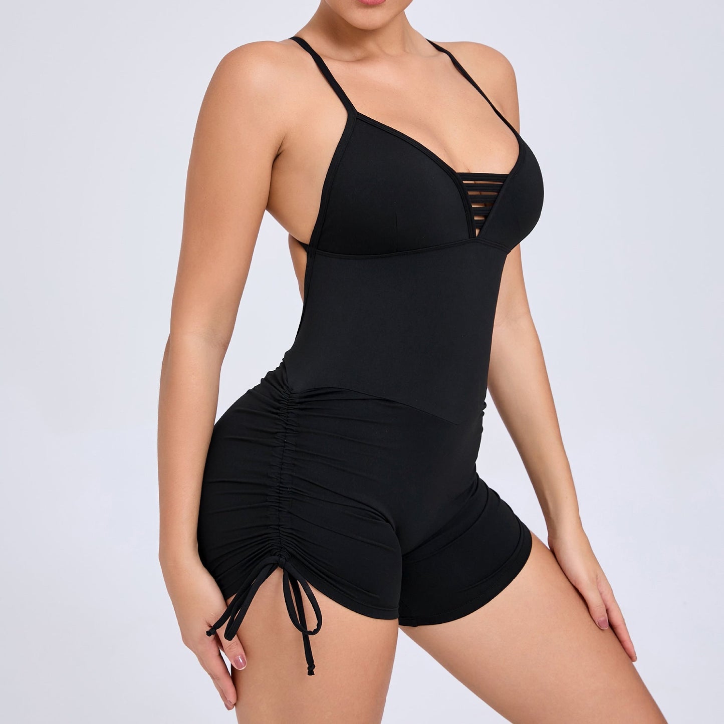 Summer Hollow Out Cutout Out Beauty Back Side Drawstring Yoga Jumpsuit Women Dance Fitness Tight Sports Jumpsuit
