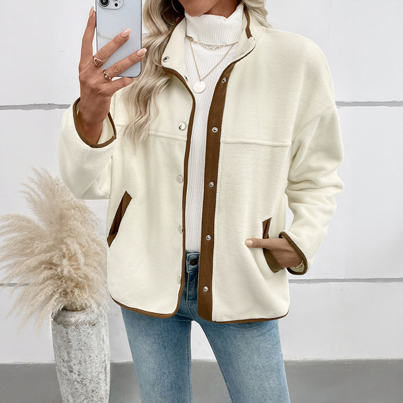 Contrast Color Polar Fleece Cardigan Autumn Winter Women Fleece Short Stand up Collar Casual Jacket