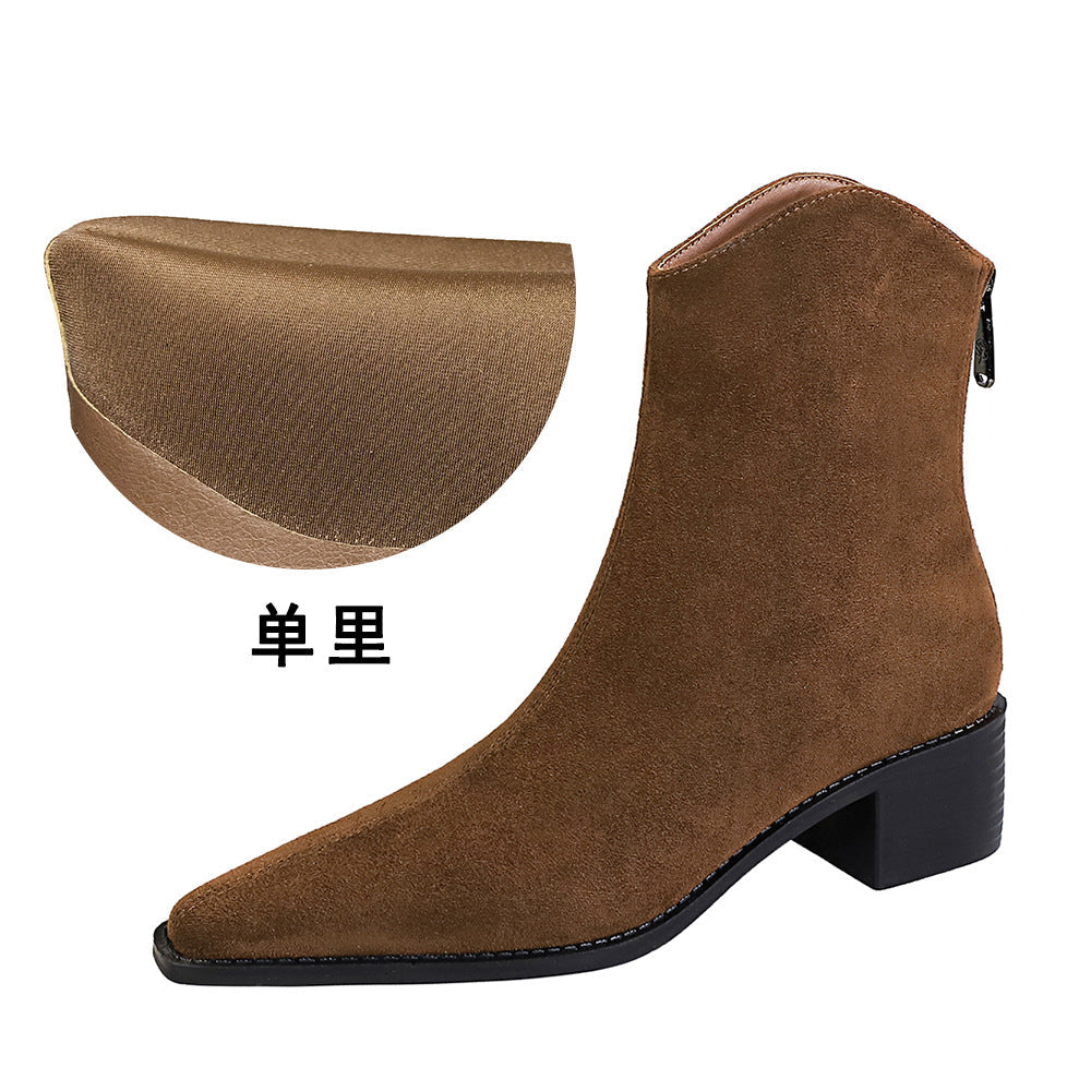 Fashionable Simple Winter All Matching Chunky Heel Mid Heel Pointed Toe Suede Short Boots Short Women Boots