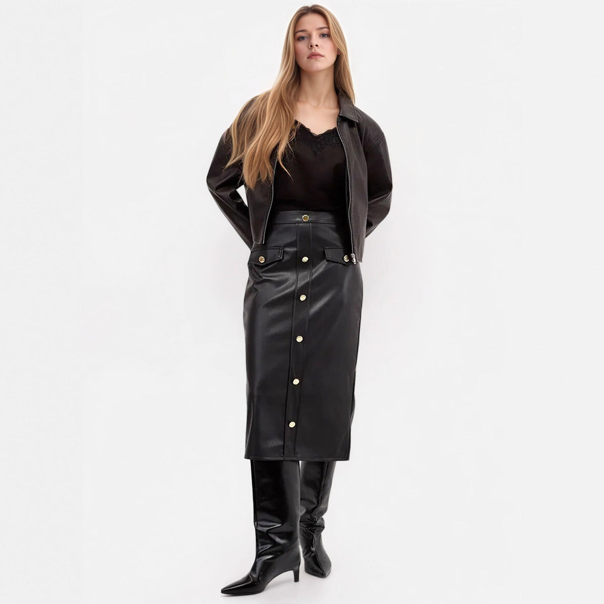 Spring Autumn Faux Leather Skirt Street High End Women Straight Skirt