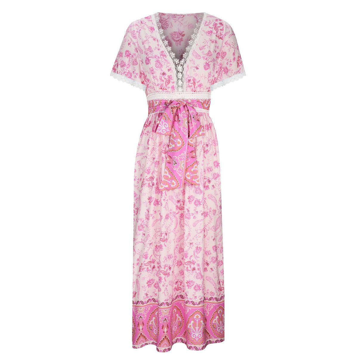 Women's Short Sleeve Lace Trim Tie-Waist Bohemian Dress Vacation Beach Dress Floral